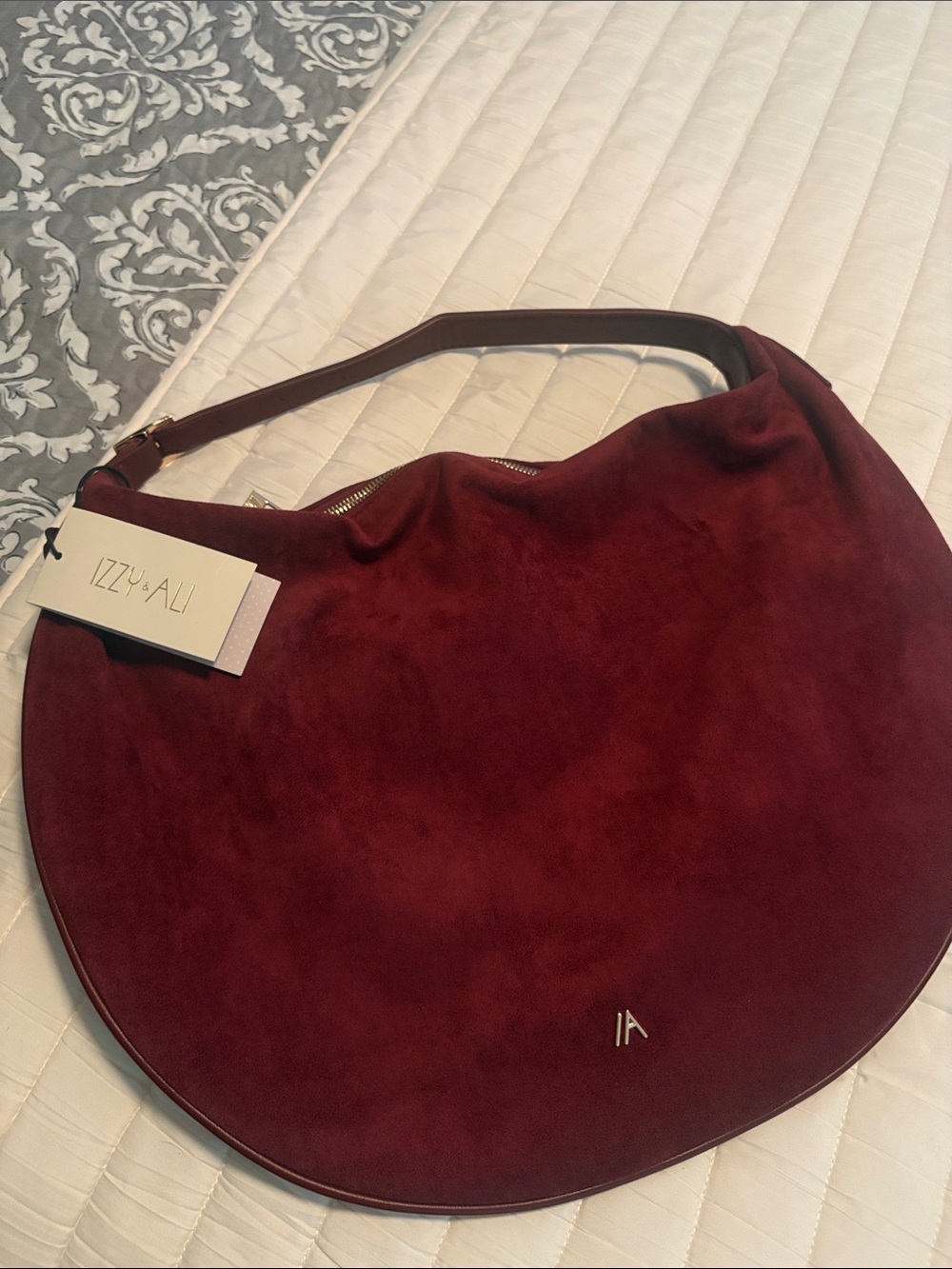 NEW STUNNING  IZZY & Ali Suede Crescent Shoulder Bag in Deep Wine